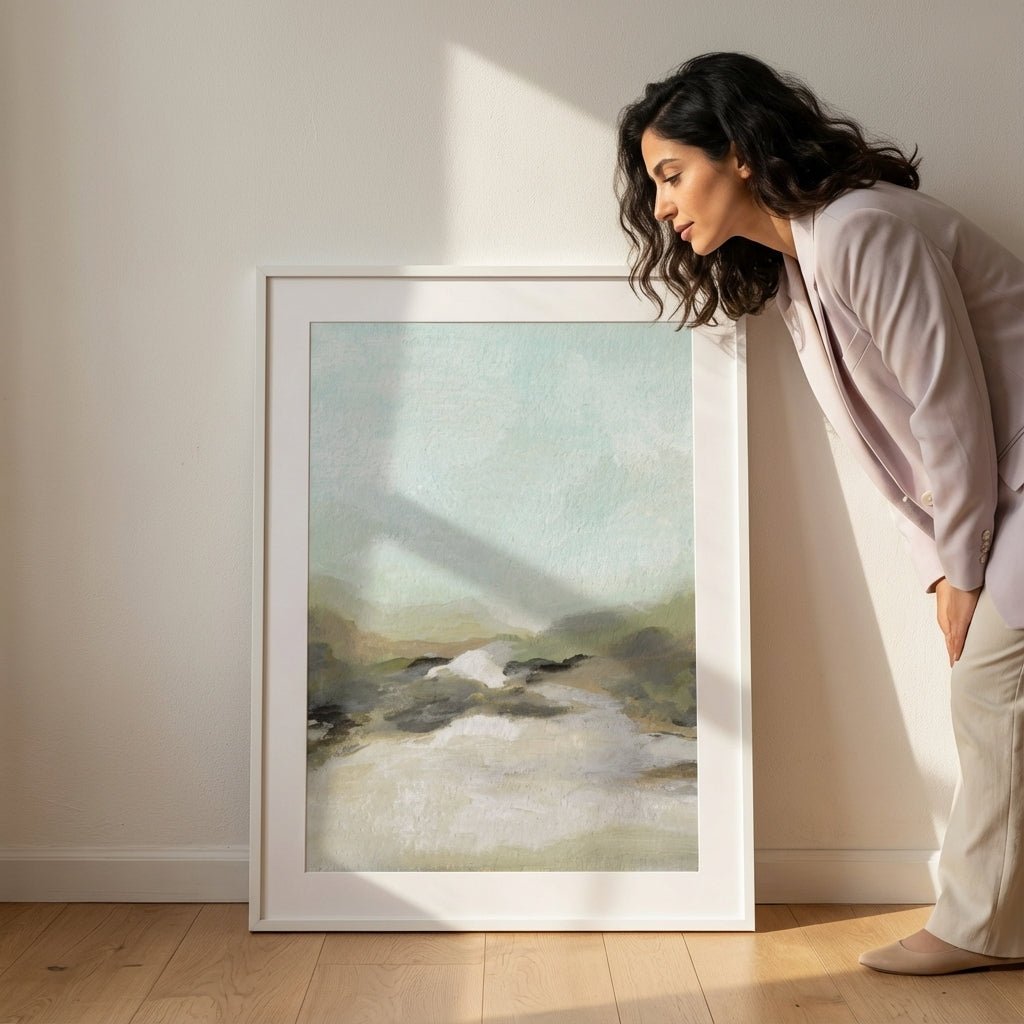 Woman looking at a landscape painting on a wall
