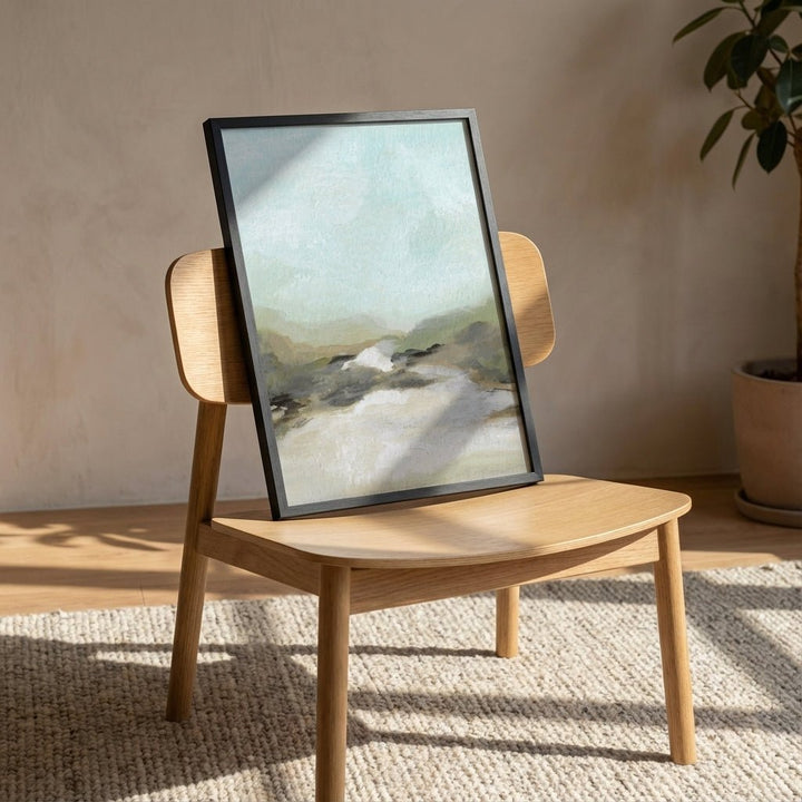 Wooden chair with a picture on a neutral background