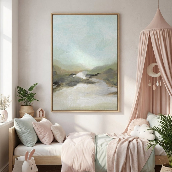 Children's bedroom with a landscape painting on the wall, pink canopy, and soft decor.