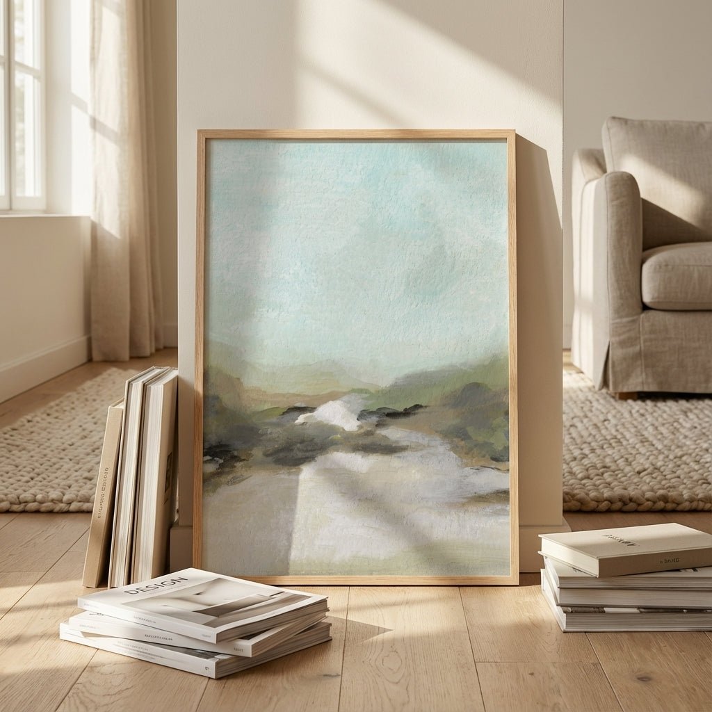 abstract artwork on a wooden floor with books and a sofa in the background