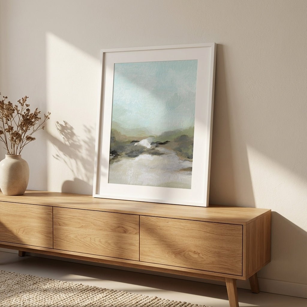 abstract painting on a wall above a wooden console table.
