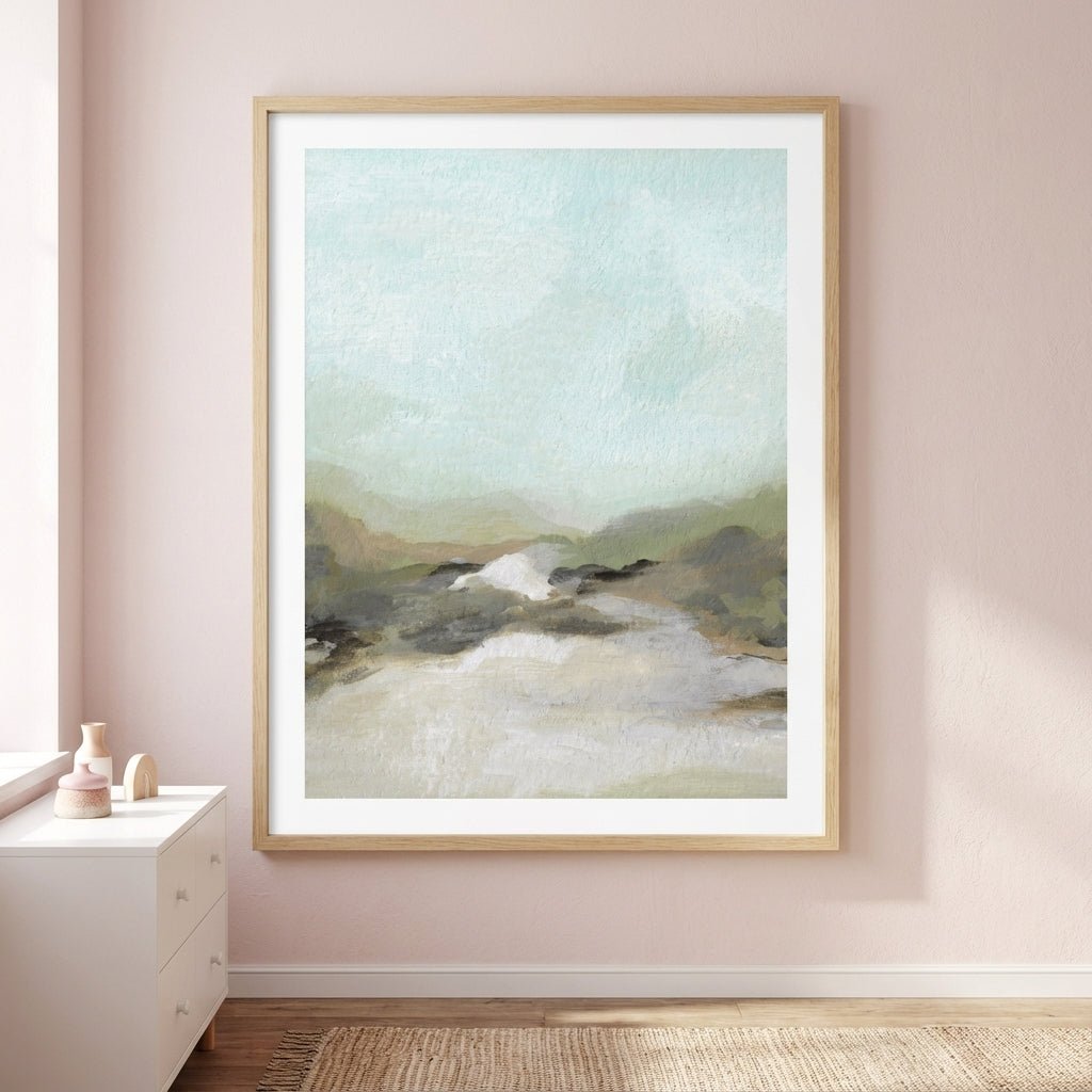 abstract landscape painting on a wall in a room with a dresser and rug.