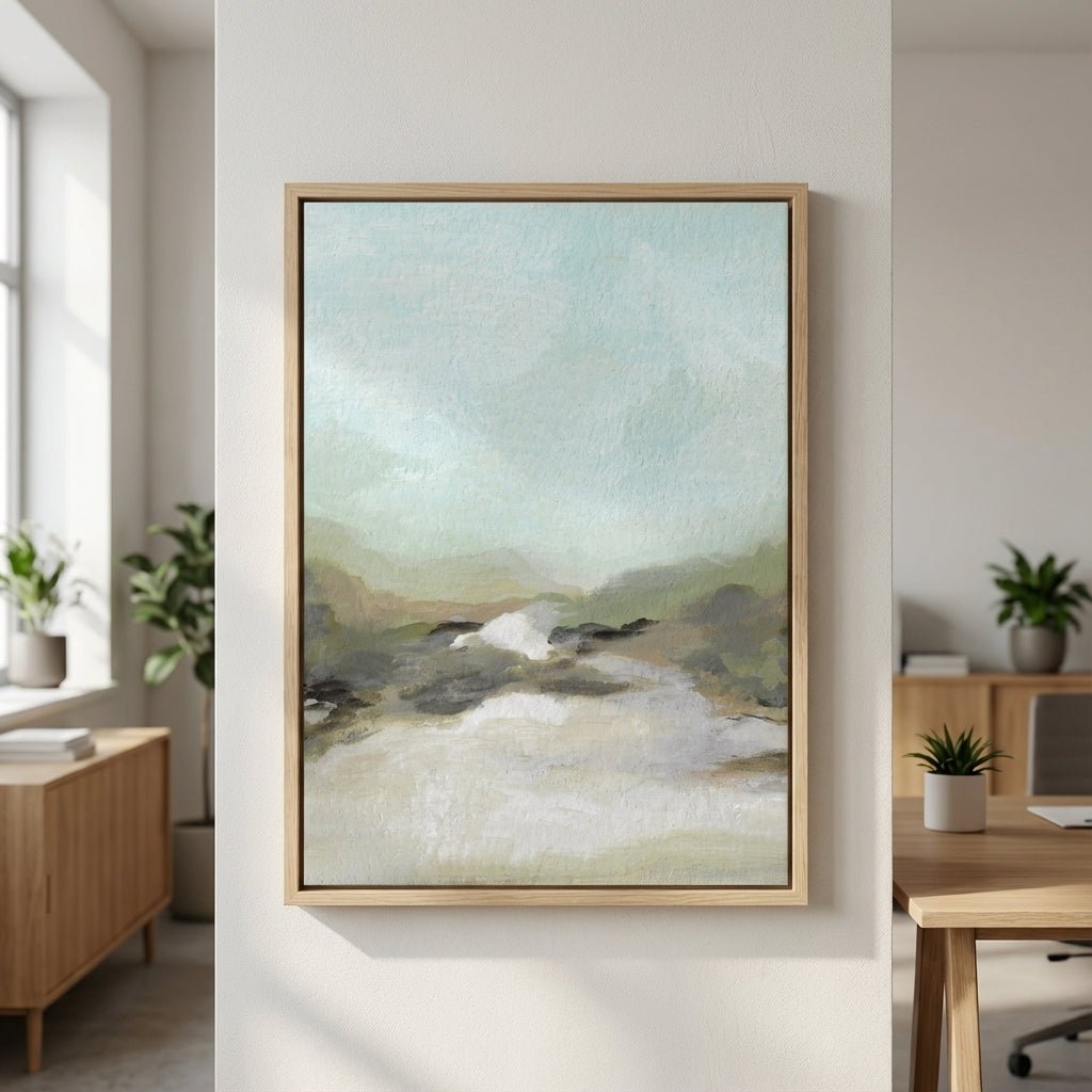 abstract landscape painting in a modern office setting
