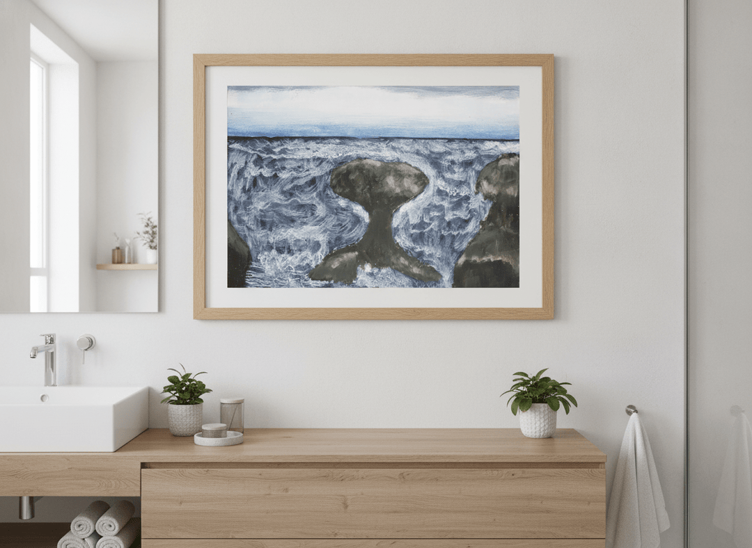 Modern print displayed in a clean minimalist bathroom setting