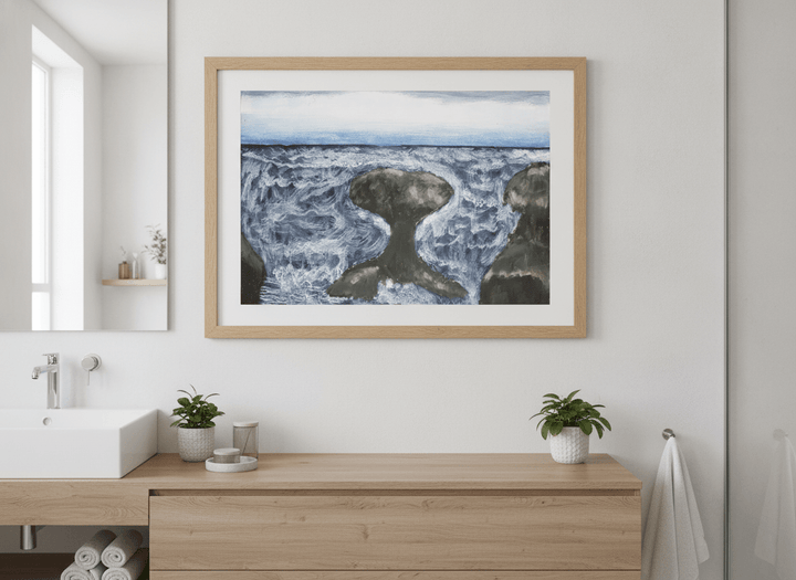 Modern print displayed in a clean minimalist bathroom setting