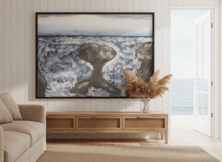 Neutral wall art displayed in a sunny coastal beach house