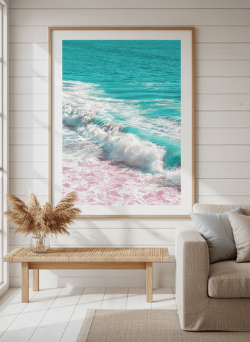Neutral wall art displayed in a sunny coastal beach house