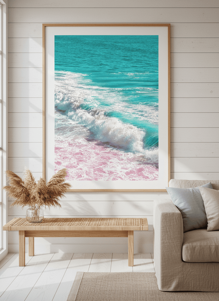 Neutral wall art displayed in a sunny coastal beach house