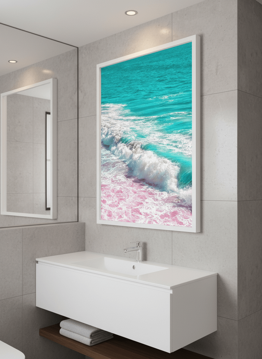 Modern print displayed in a clean minimalist bathroom setting
