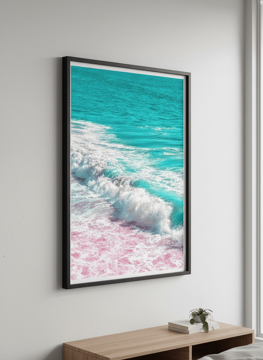 Minimalist artwork displayed in a calm, light-filled bedroom interior