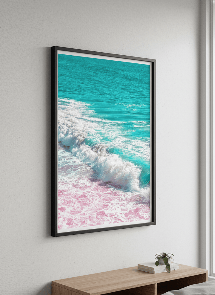 Minimalist artwork displayed in a calm, light-filled bedroom interior