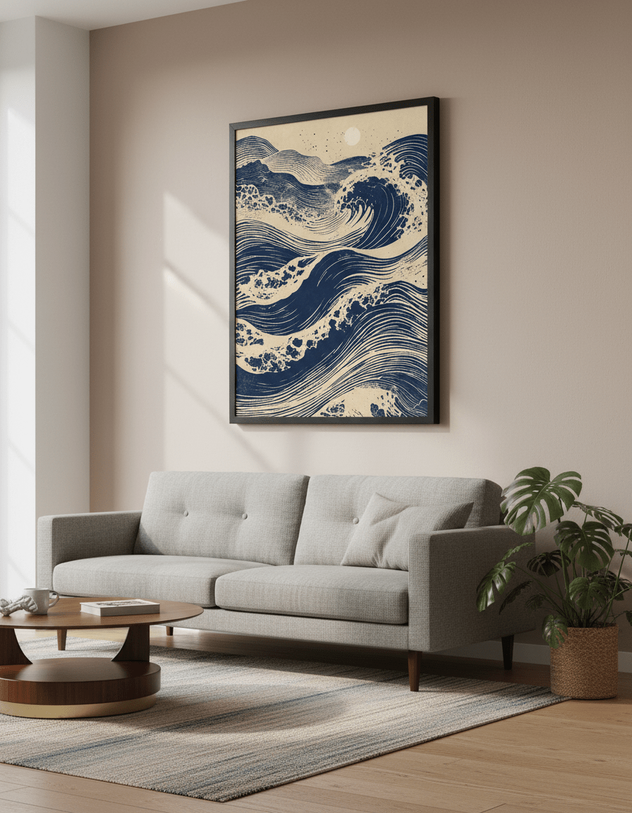 Modern wall art styled above a sofa in a neutral living room