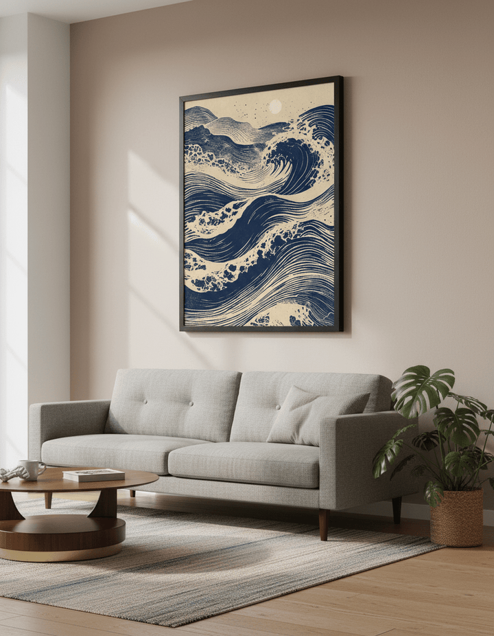 Modern wall art styled above a sofa in a neutral living room