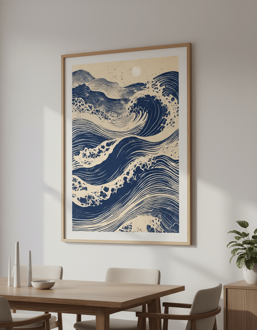 Wall art styled above a dining table in a contemporary home