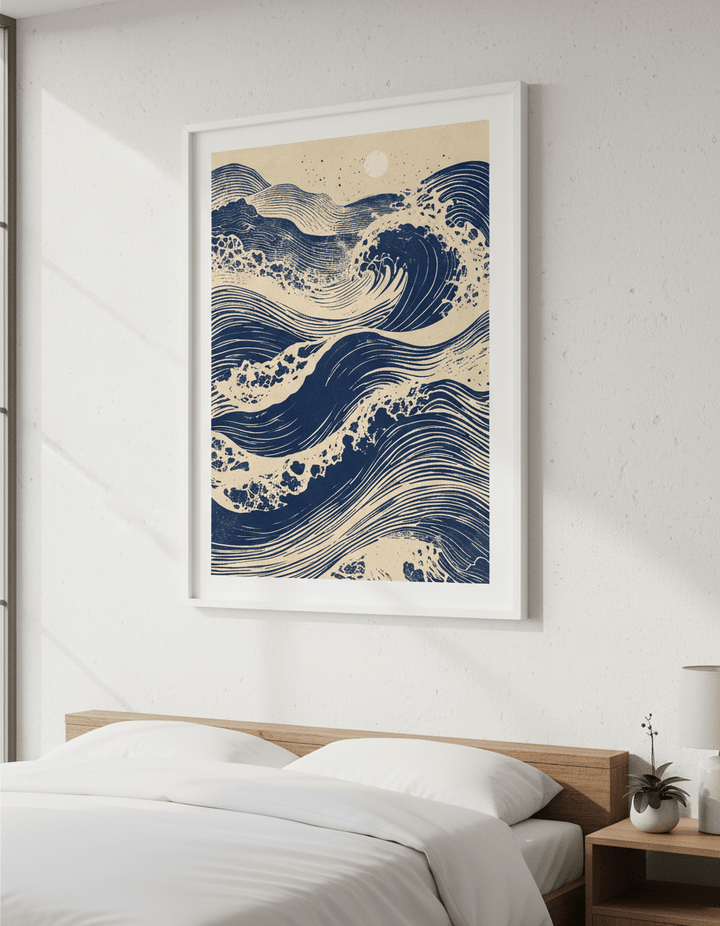 Minimalist artwork displayed in a calm, light-filled bedroom interior
