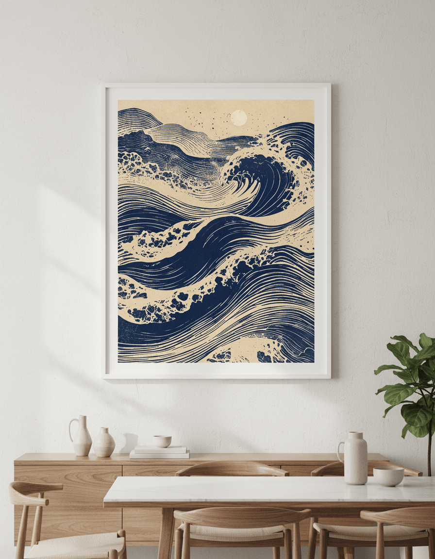 Wall art styled above a dining table in a contemporary home