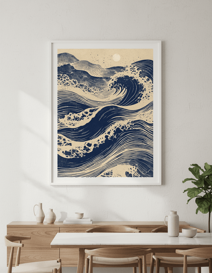 Wall art styled above a dining table in a contemporary home