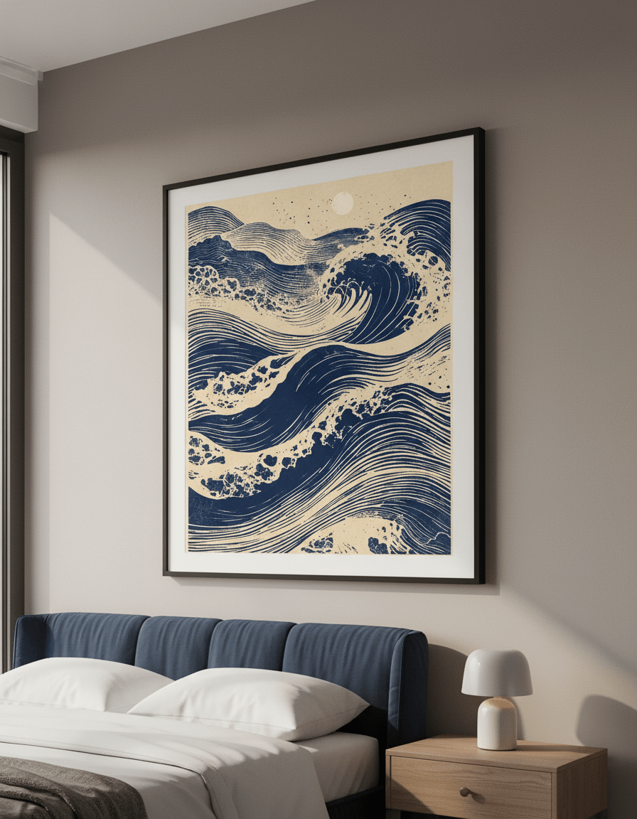 Minimalist artwork displayed in a calm, light-filled bedroom interior