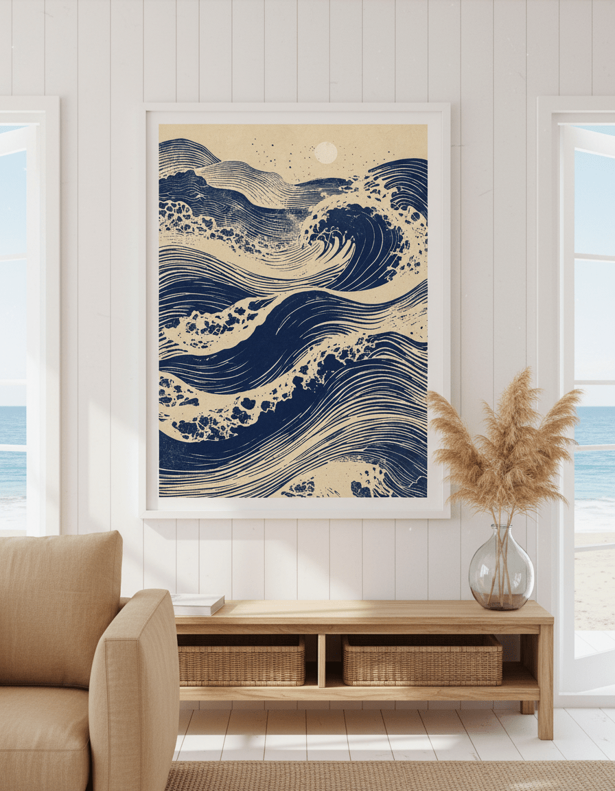 Neutral wall art displayed in a sunny coastal beach house
