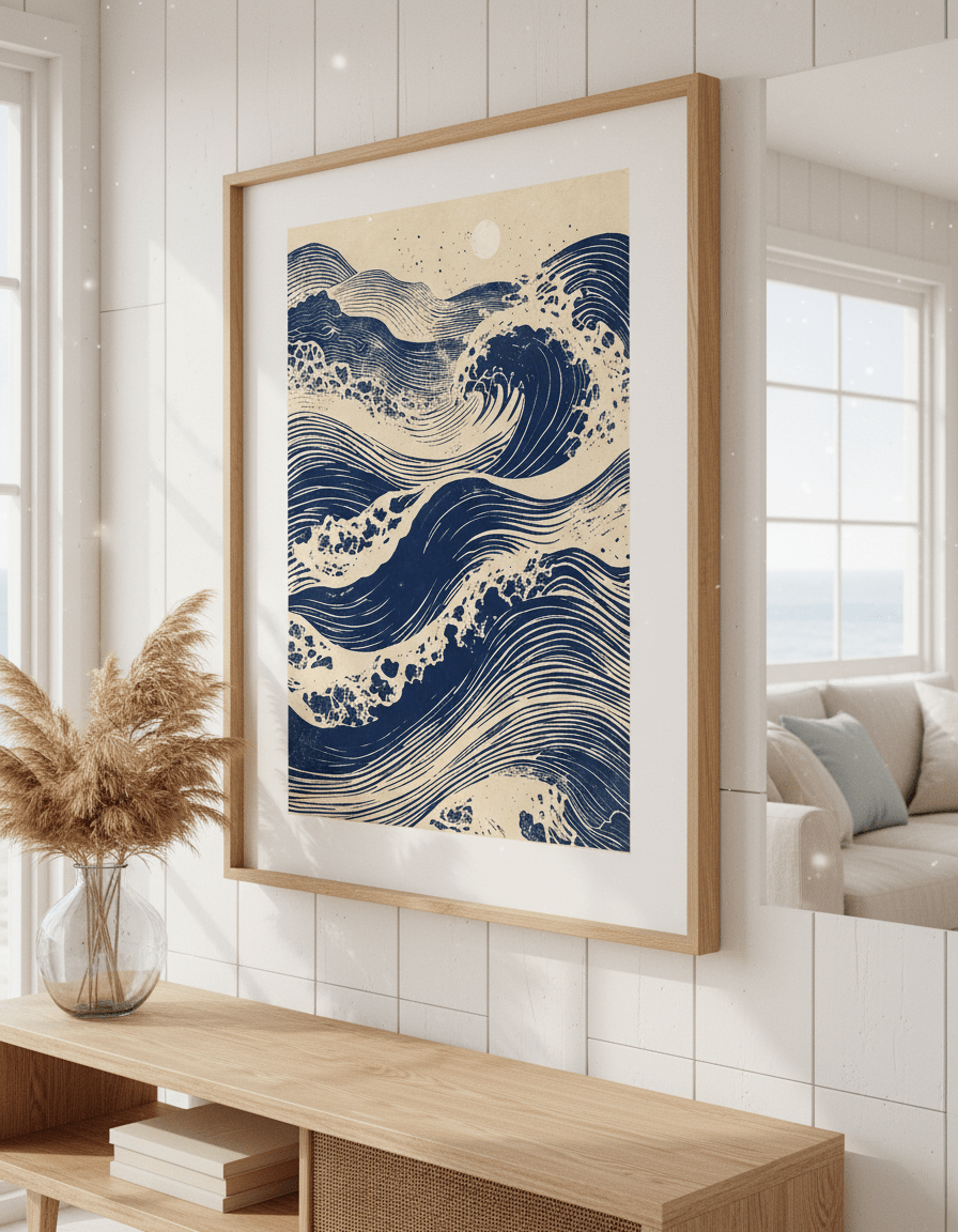 Neutral wall art displayed in a sunny coastal beach house
