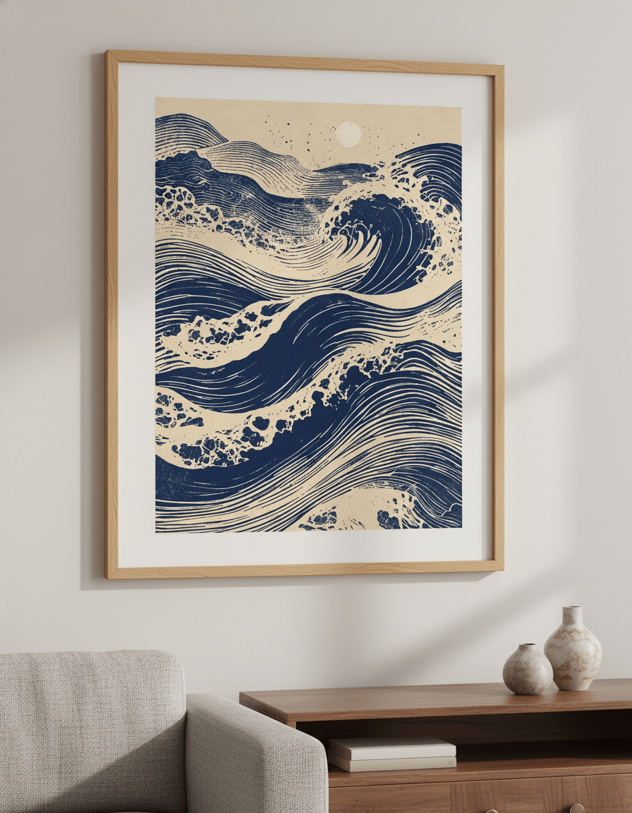Modern wall art styled above a sofa in a neutral living room