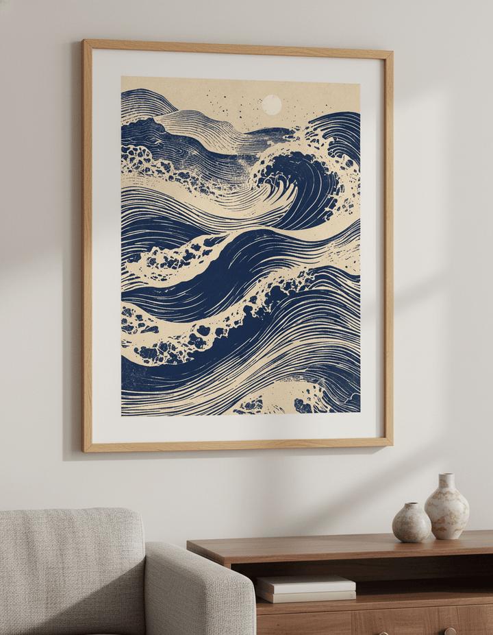 Modern wall art styled above a sofa in a neutral living room