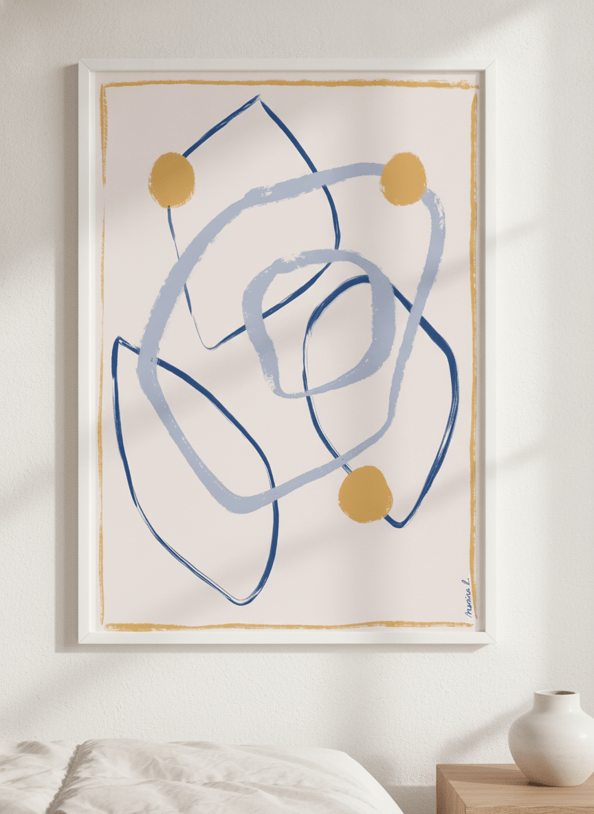 Minimalist artwork displayed in a calm, light-filled bedroom interior