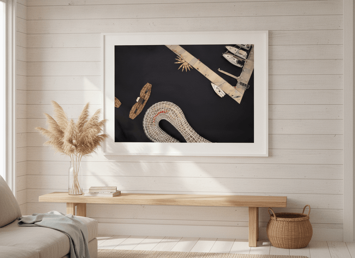 Neutral wall art displayed in a sunny coastal beach house