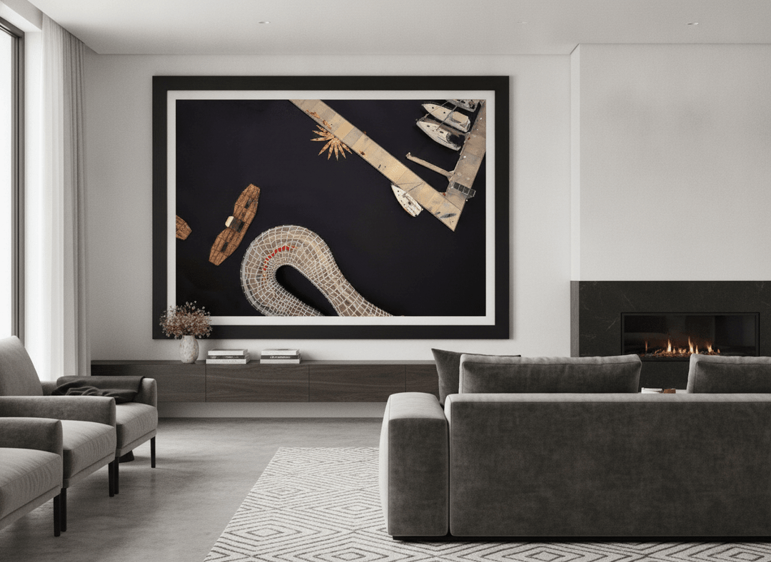 Monumental artwork centred on a feature wall in a luxe interior