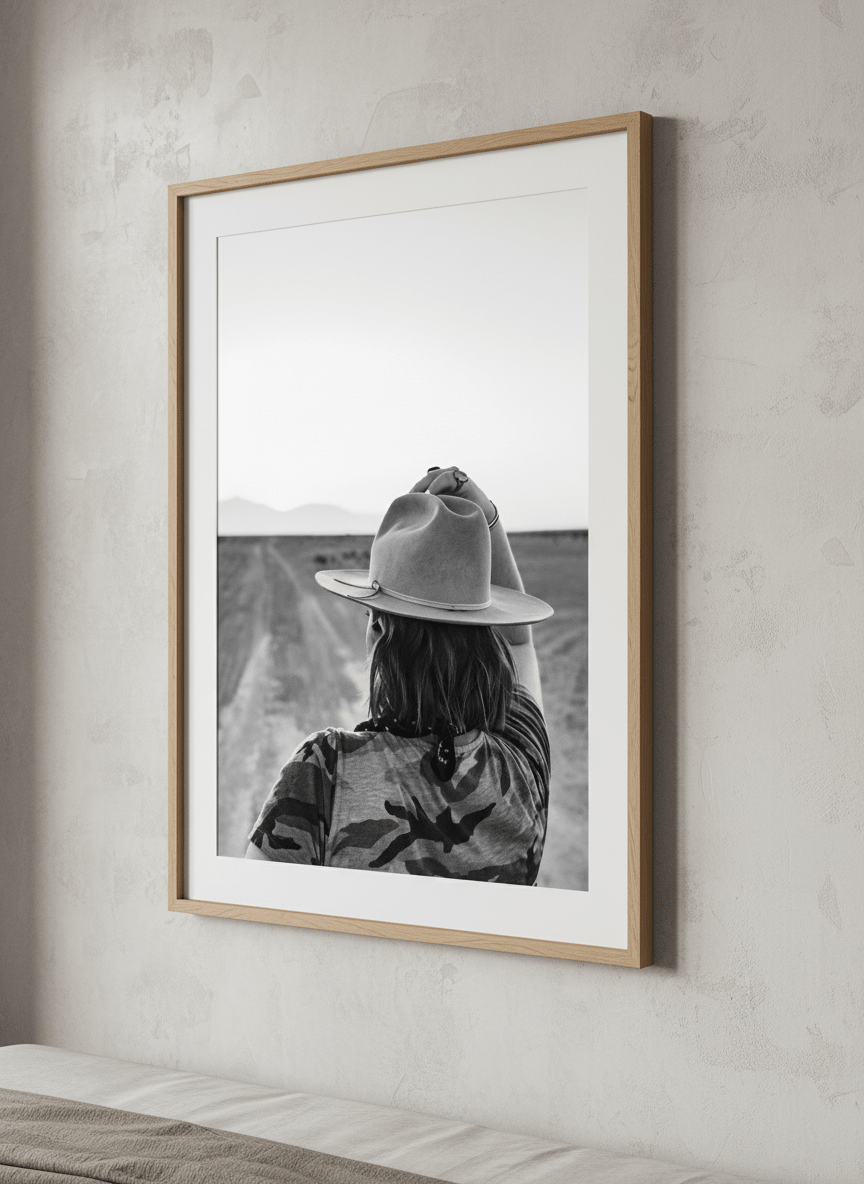 Minimalist artwork displayed in a calm, light-filled bedroom interior