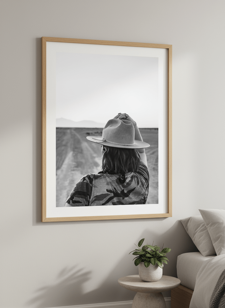 Minimalist artwork displayed in a calm, light-filled bedroom interior
