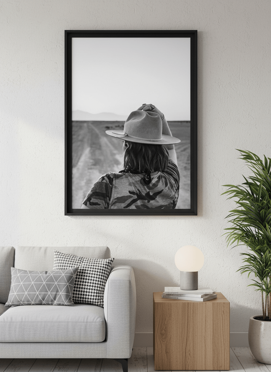 Modern wall art styled above a sofa in a neutral living room