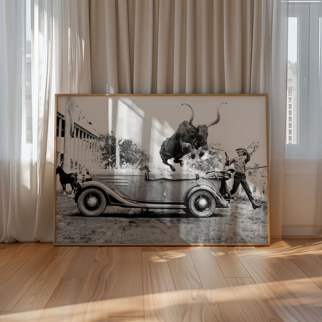 Western Bull Jumping Over Car Photography Wall art - Style My Wall