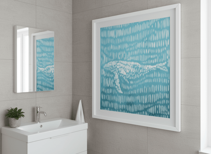 Modern print displayed in a clean minimalist bathroom setting