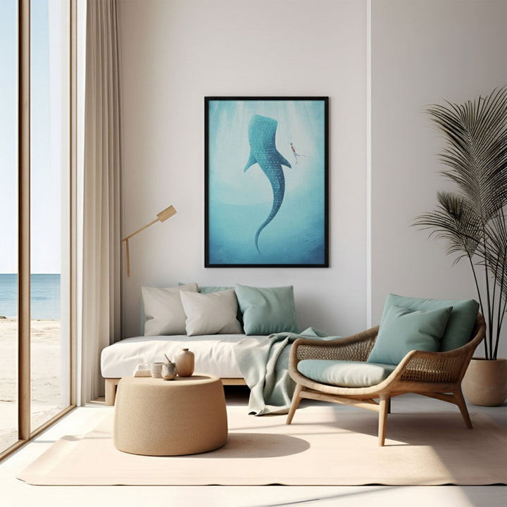 Modern living room with a beach-themed painting, sofa, and armchair.