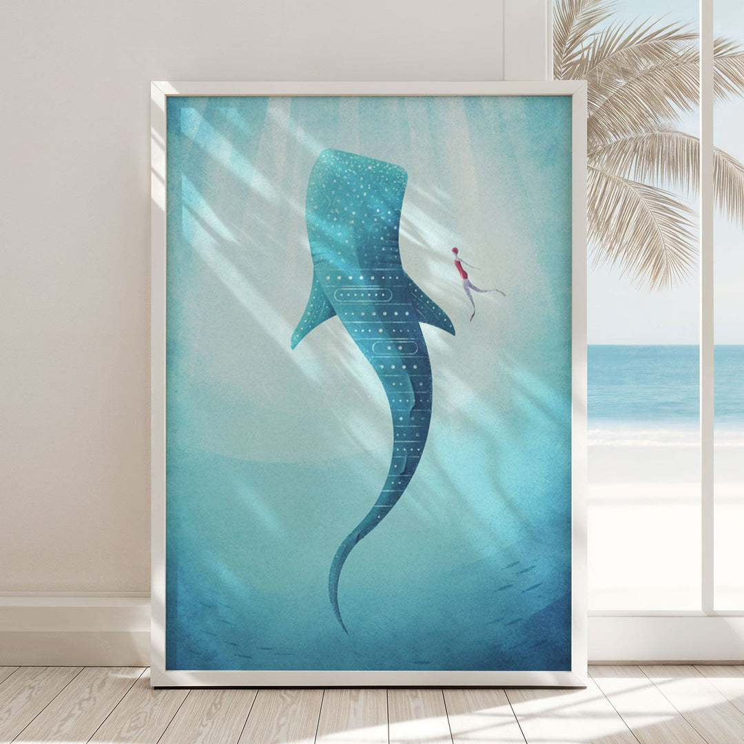 Artwork of a mermaid and dolphin against a beach backdrop