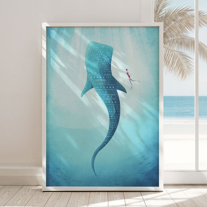 Artwork of a mermaid and dolphin against a beach backdrop