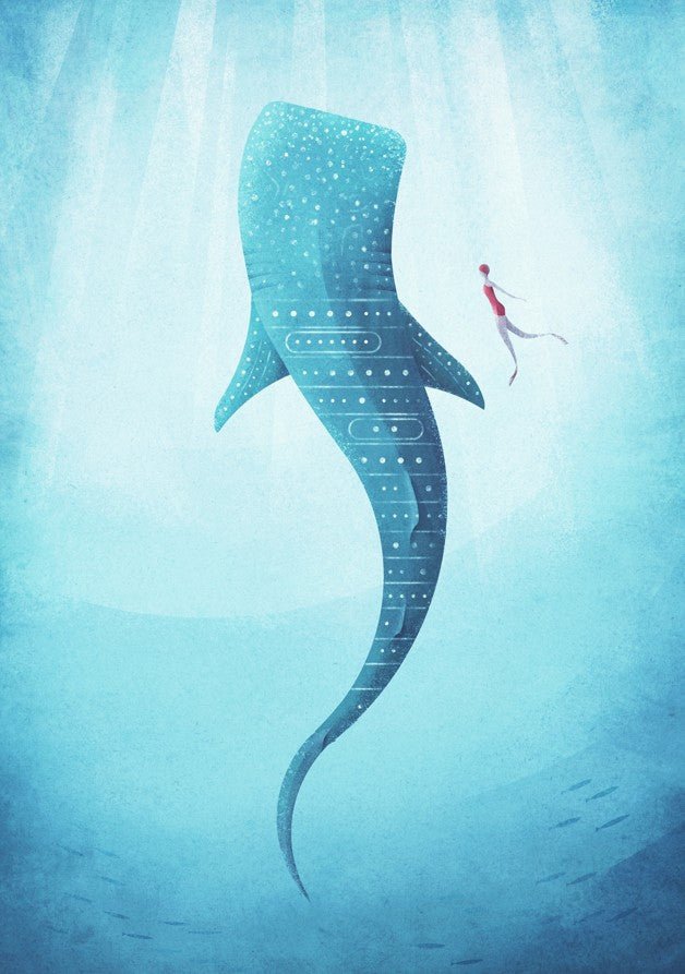 Illustration of a large whale-like creature with a person in a red outfit swimming nearby underwater. framed