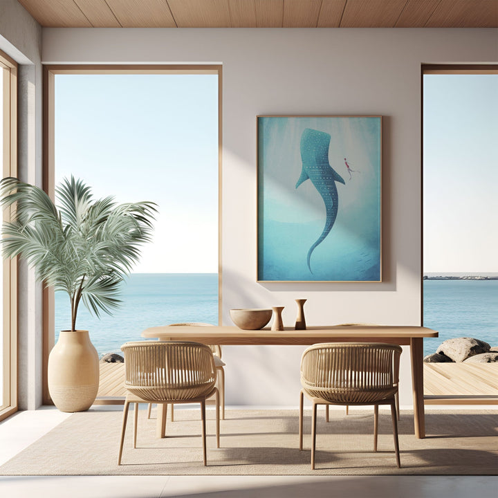 Modern dining room with ocean view, wooden table, and chairs.