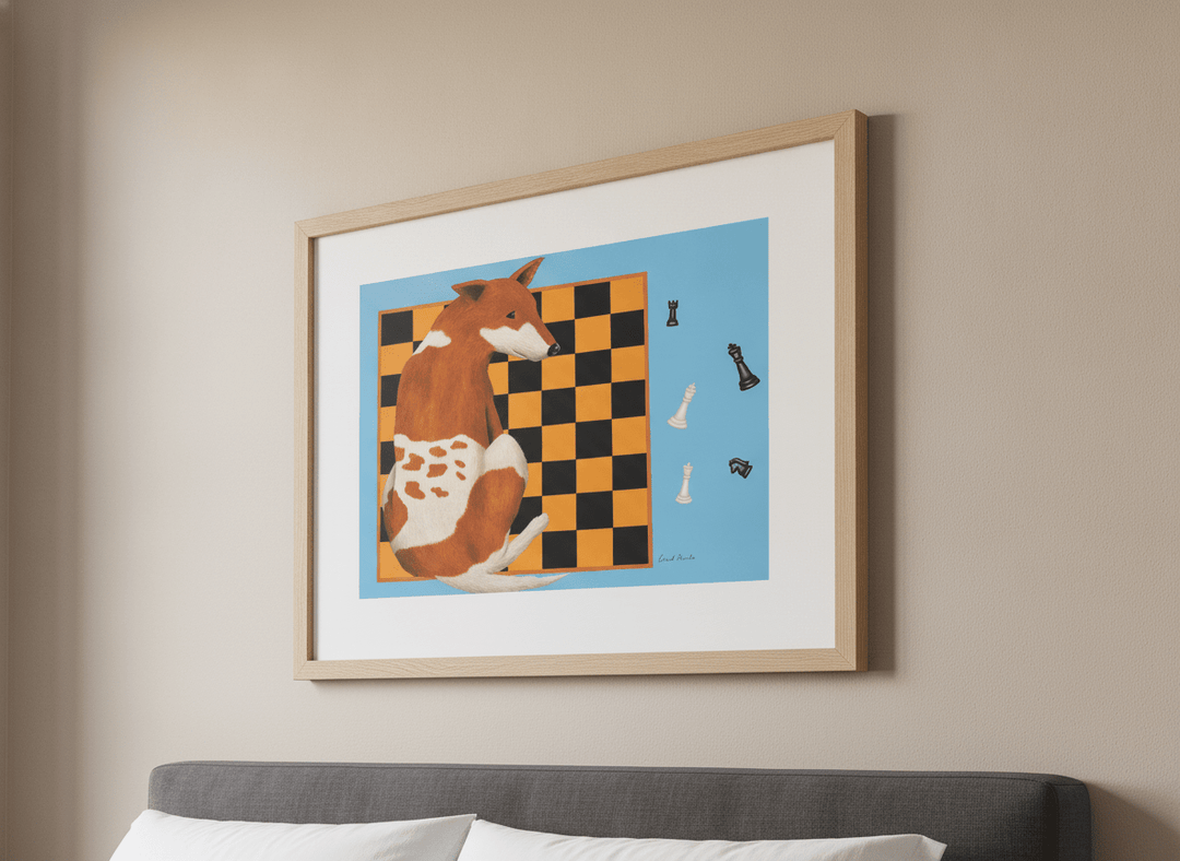 Minimalist artwork displayed in a calm, light-filled bedroom interior
