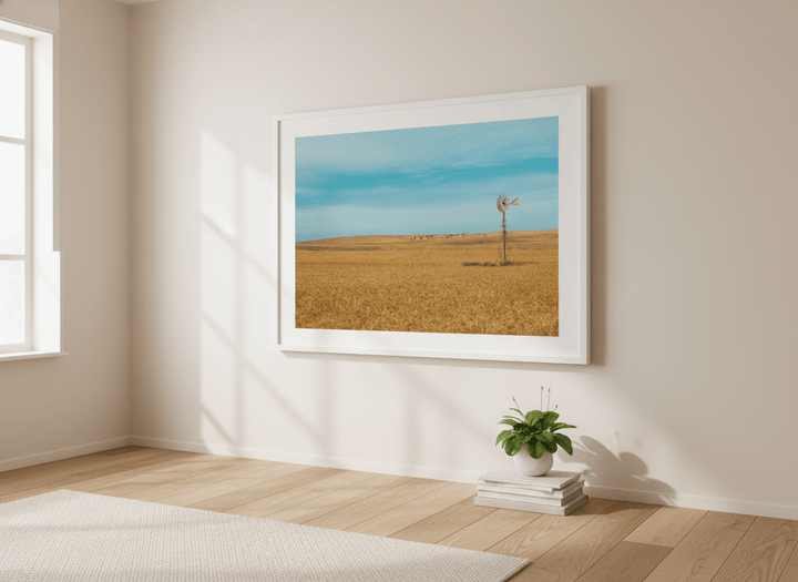 Artwork displayed above a credenza in a real-looking contemporary home