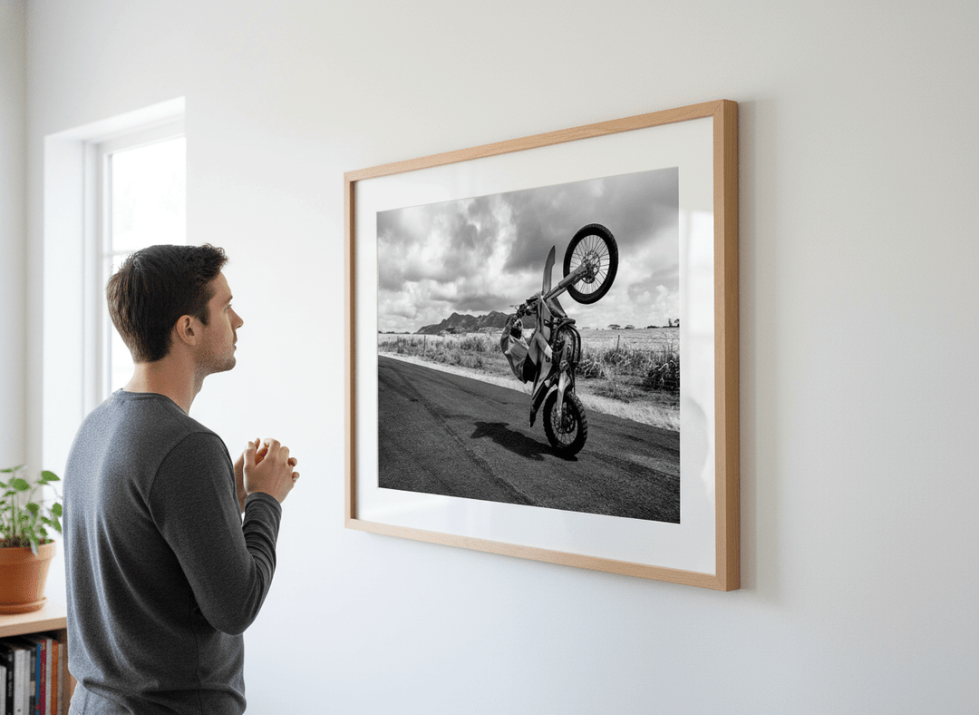 Person showcasing the artwork against a clean modern interior wall