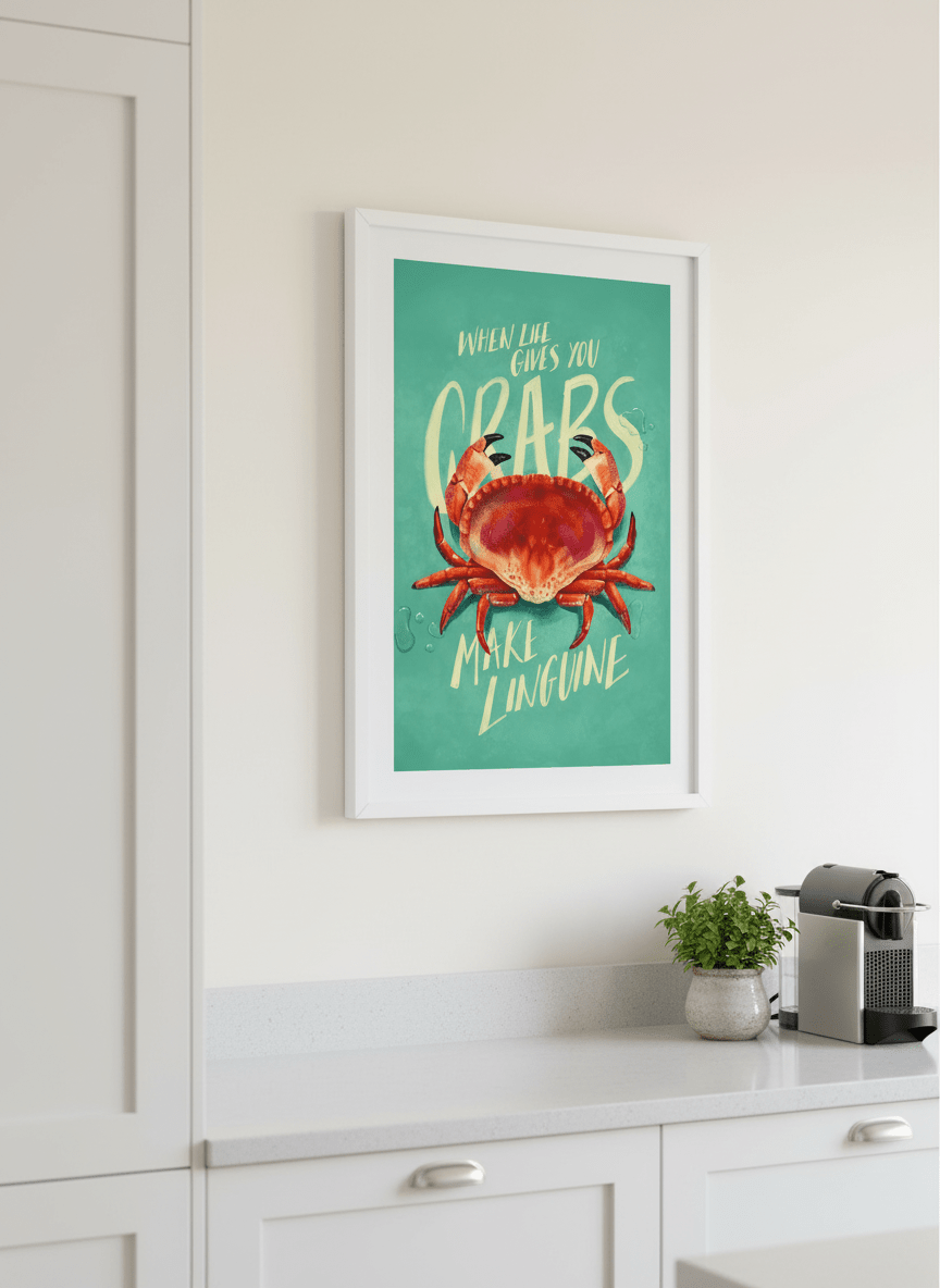 Artwork styled on the wall of a bright modern kitchen