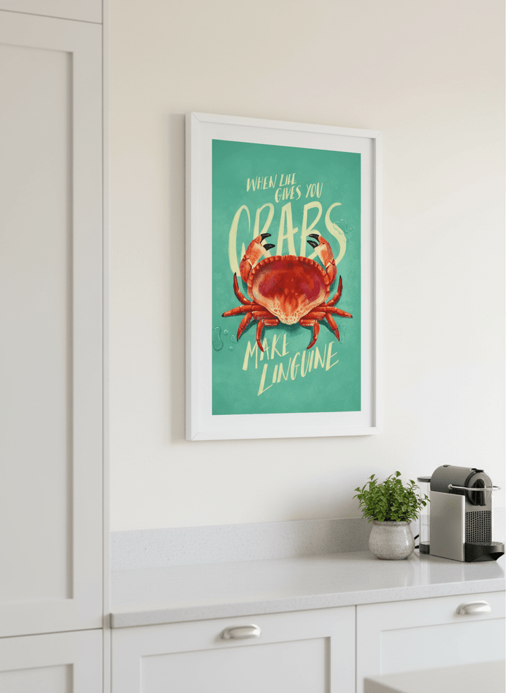 Artwork styled on the wall of a bright modern kitchen