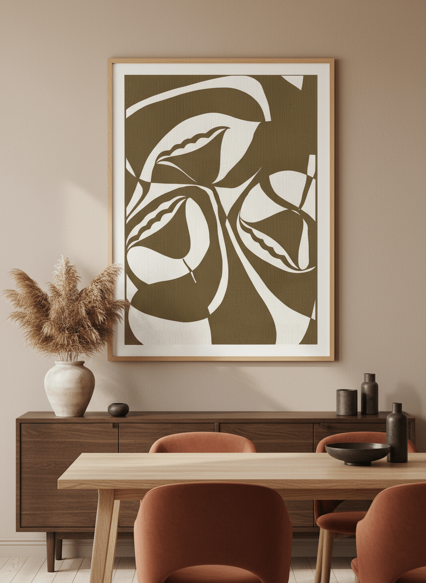 Wall art styled above a dining table in a contemporary home