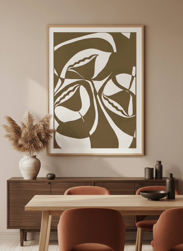 Wall art styled above a dining table in a contemporary home
