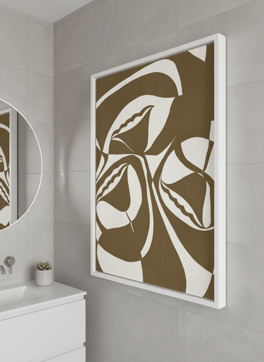 Modern print displayed in a clean minimalist bathroom setting