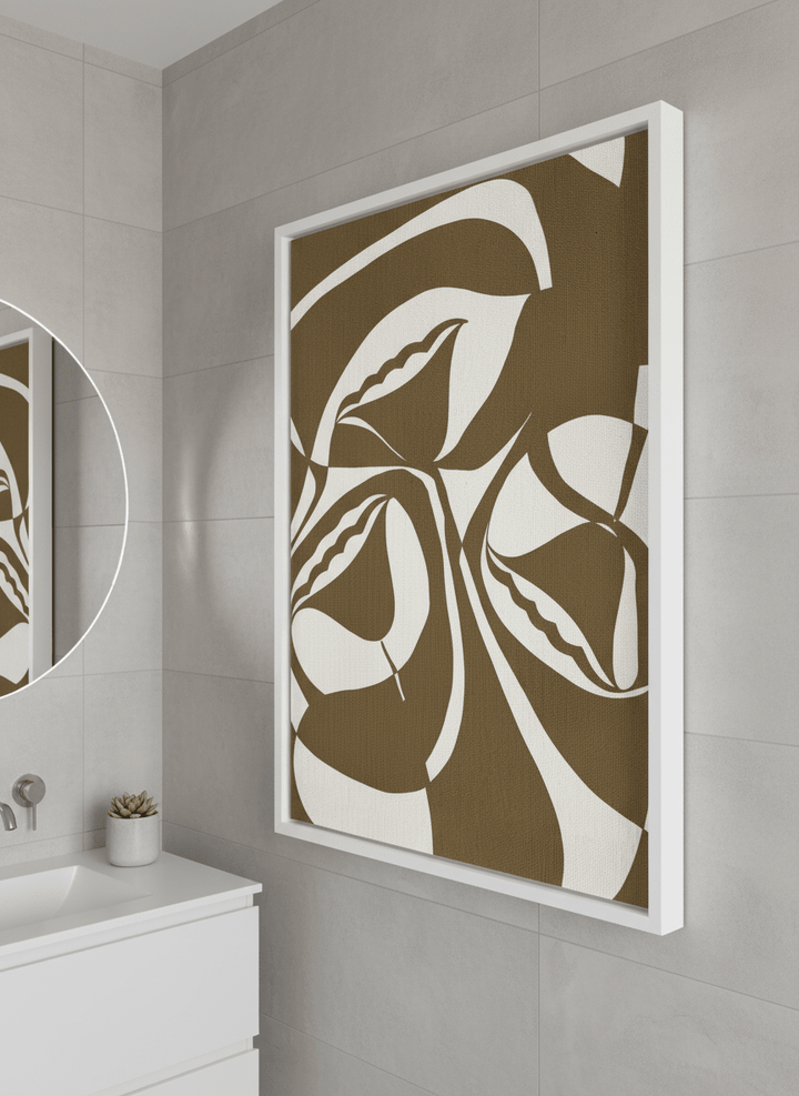 Modern print displayed in a clean minimalist bathroom setting