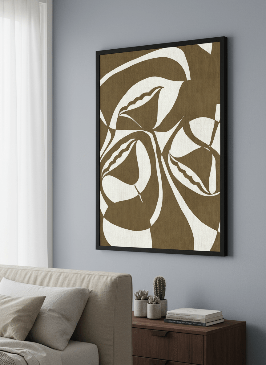 Minimalist artwork displayed in a calm, light-filled bedroom interior