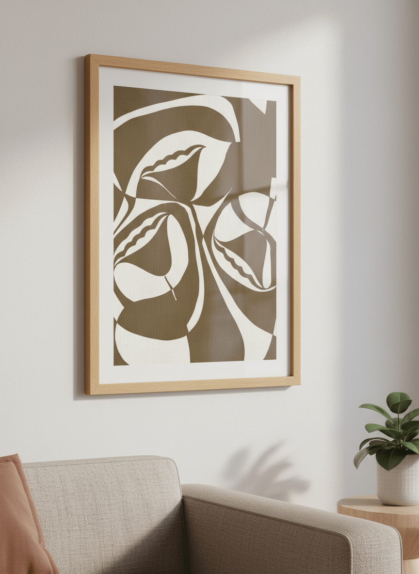 Modern wall art styled above a sofa in a neutral living room